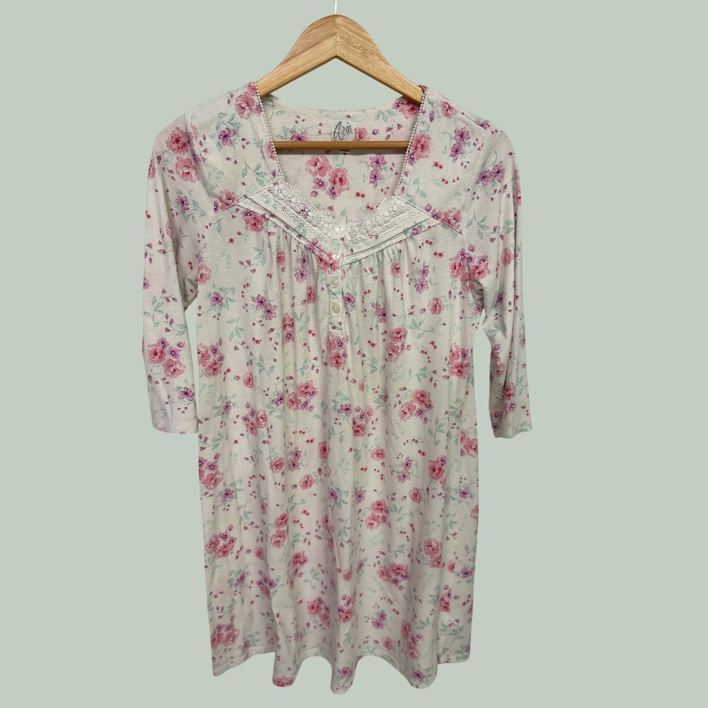 Aria Womens Nightgown Medium Pink Floral Lace Trim 3/4 Sleeve Knit Sleepwear